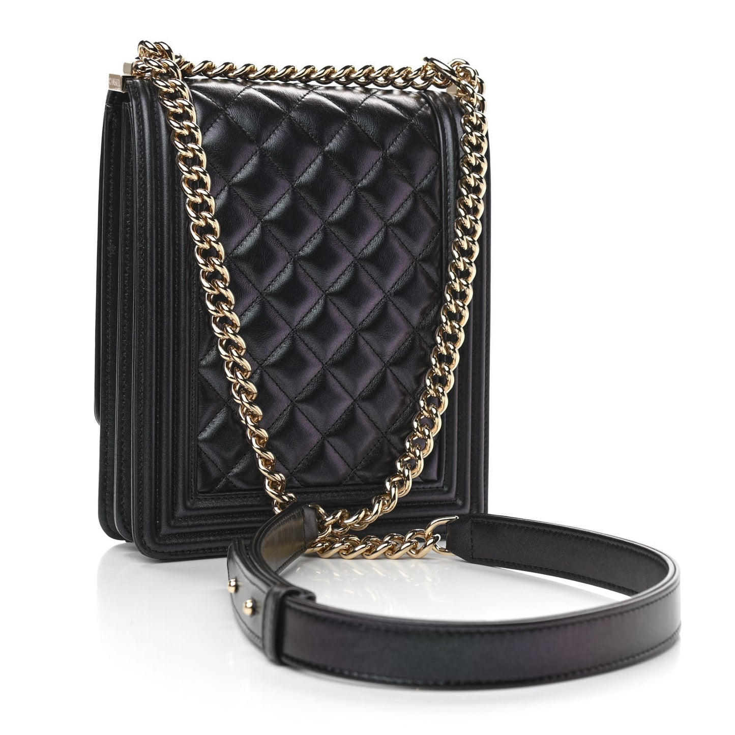 Iridescent Calfskin Quilted North South Boy Flap Black