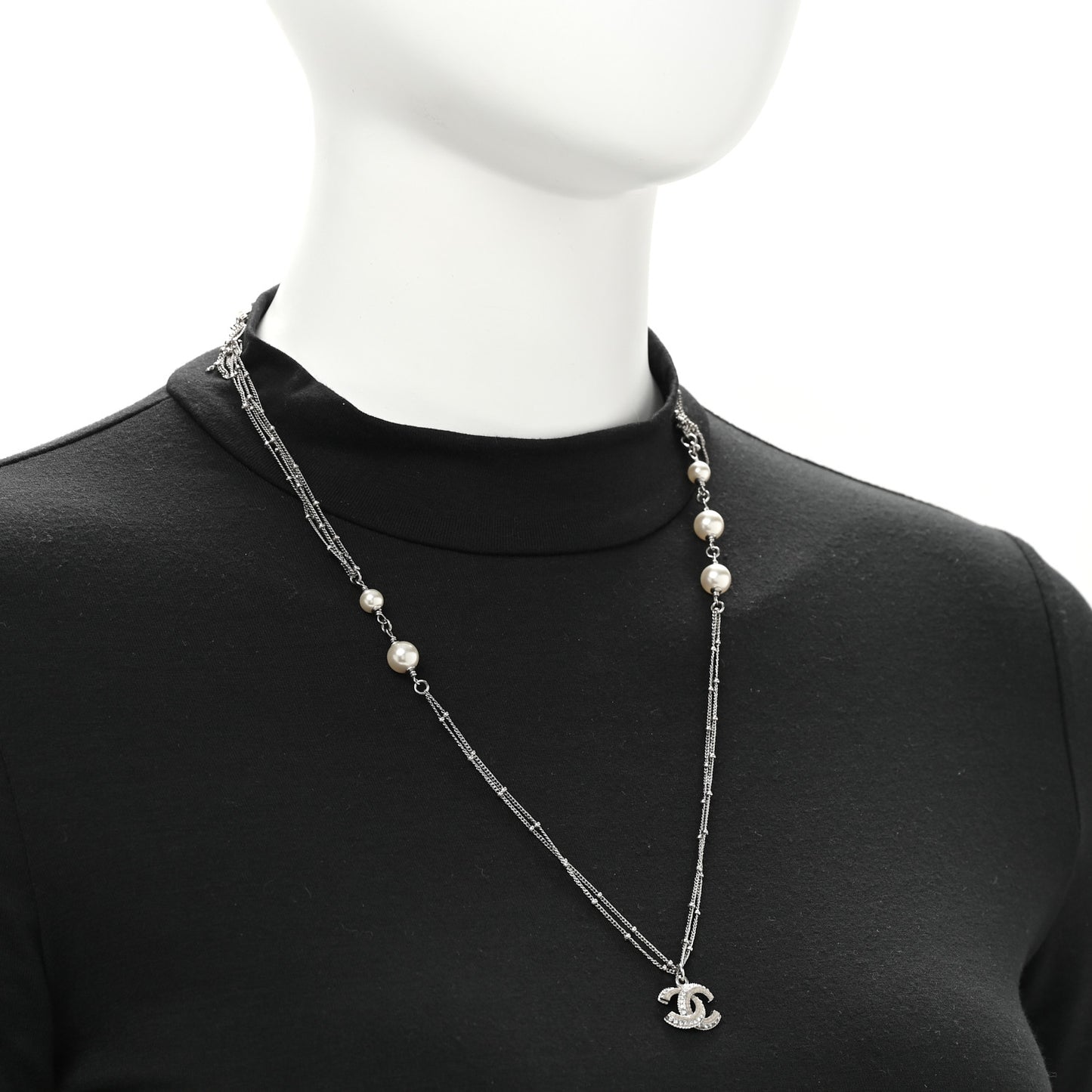 Baguette Crystal Pearl CC Necklace Silver