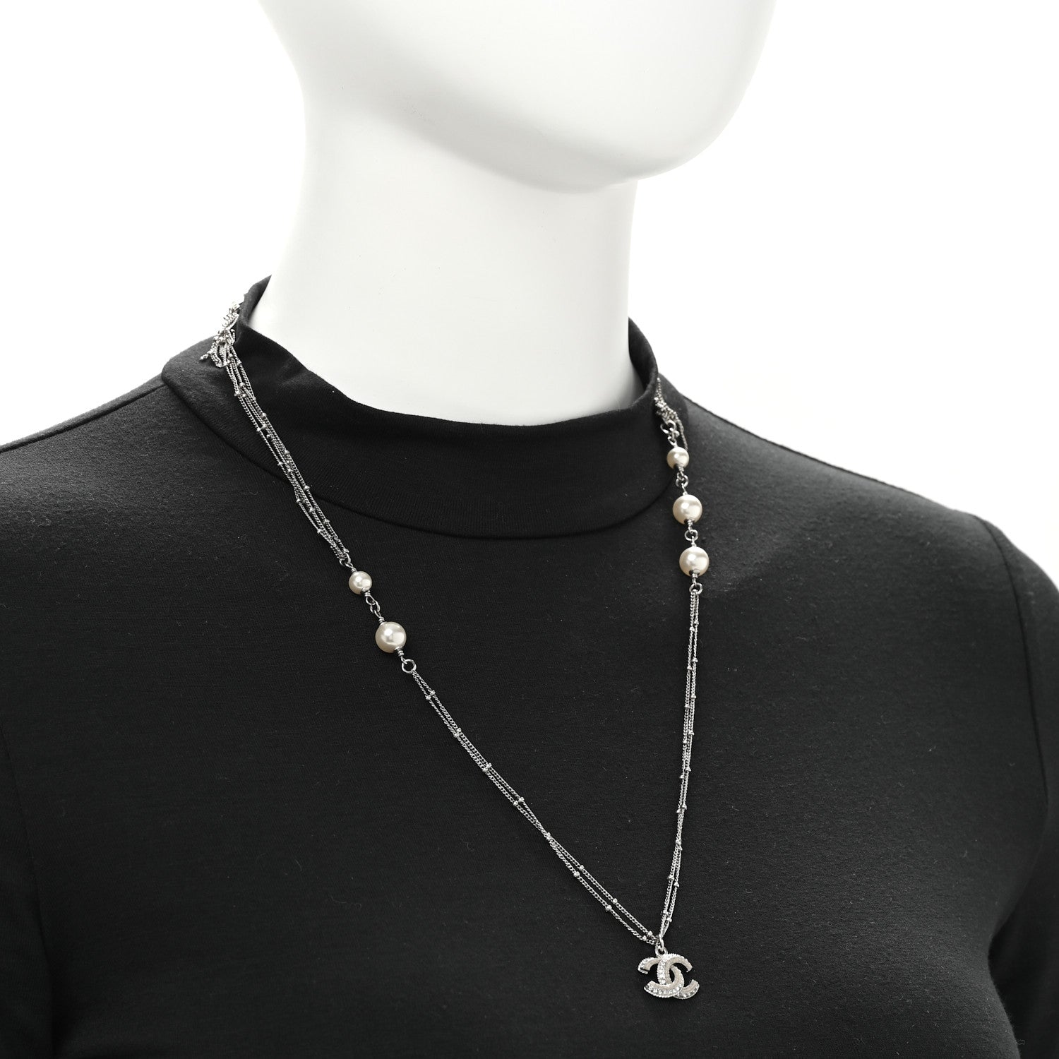 Chanel Baguette Crystal Pearl CC Necklace Silver 2 of 5