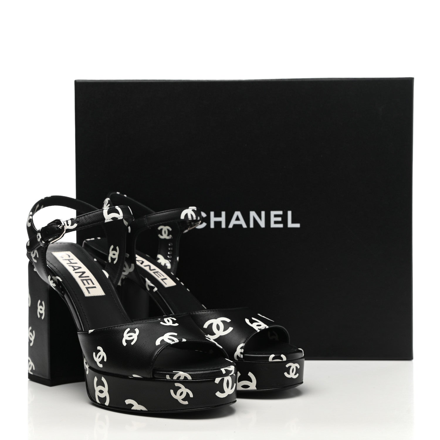 Chanel Printed Lambskin Coco Beach Platform Sandals 37 Black White 9 of 10
