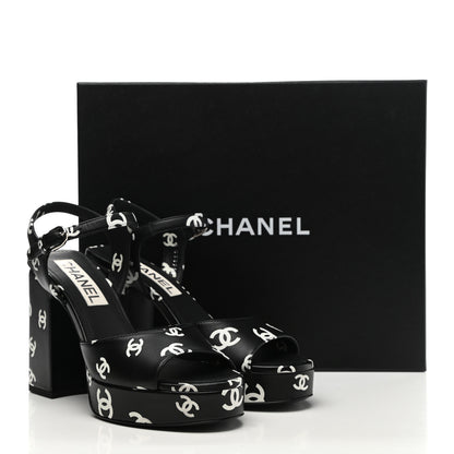 Chanel Printed Lambskin Coco Beach Platform Sandals 37 Black White 9 of 10