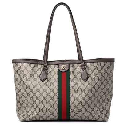 Gucci GG Supreme Monogram Textured Calfskin Web Medium Ophidia Shopping Tote Beige Ebony New Acero 1 of 13