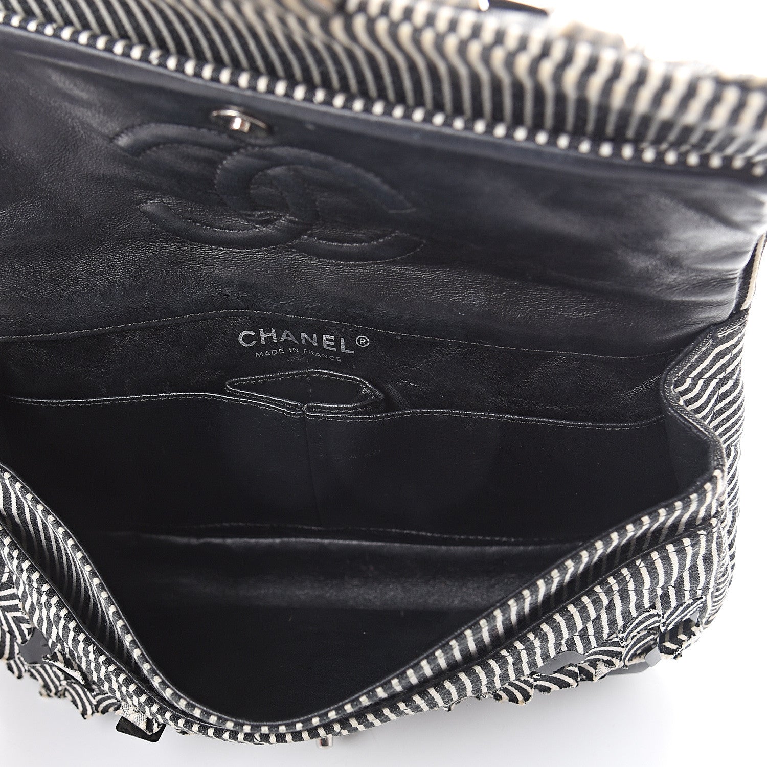 Chanel Canvas Sequin Stripe Medium Double Flap Black White 4 of 8