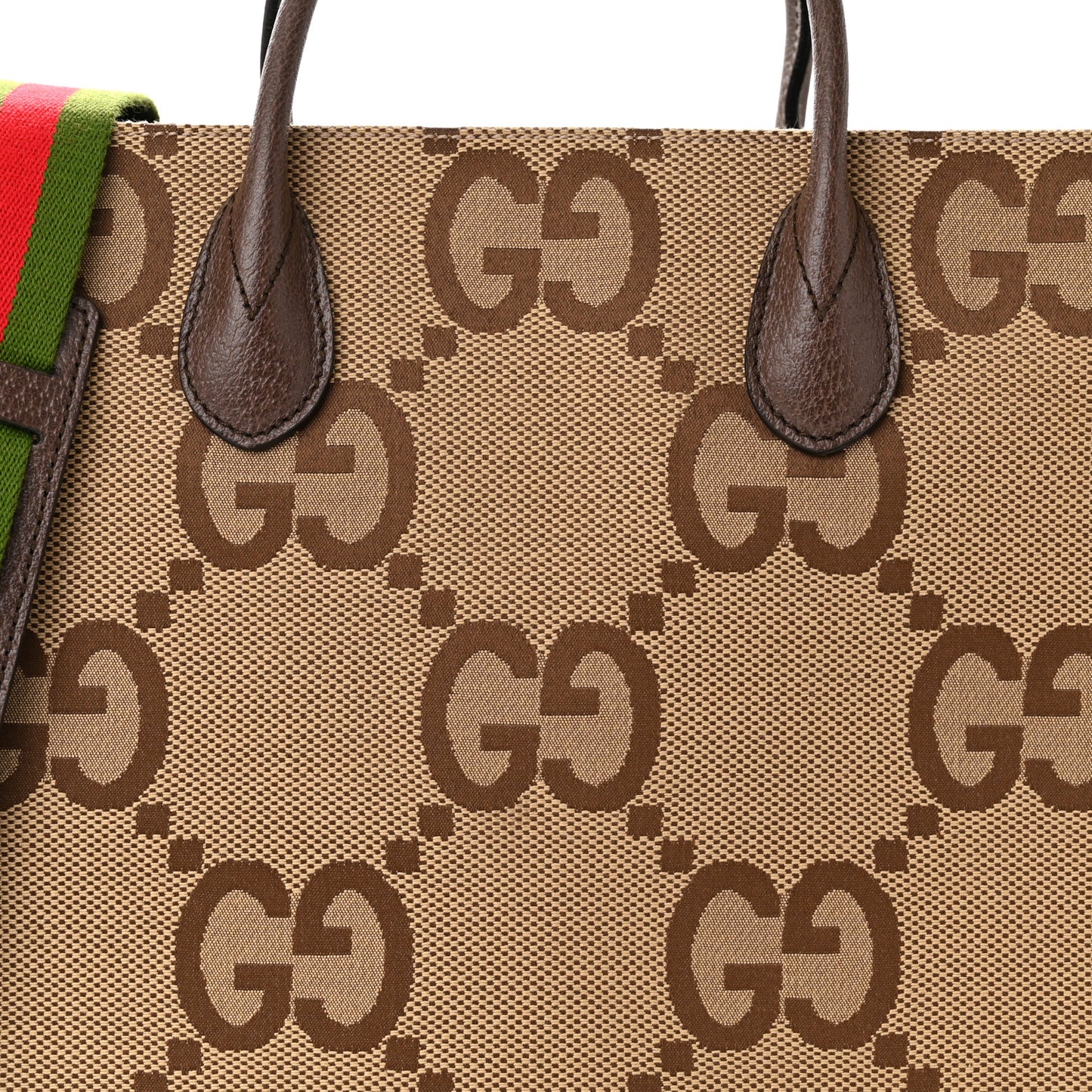 Monogram Jumbo GG Textured Dollar Calfskin Web Tote Bag Camel Ebony New Acero