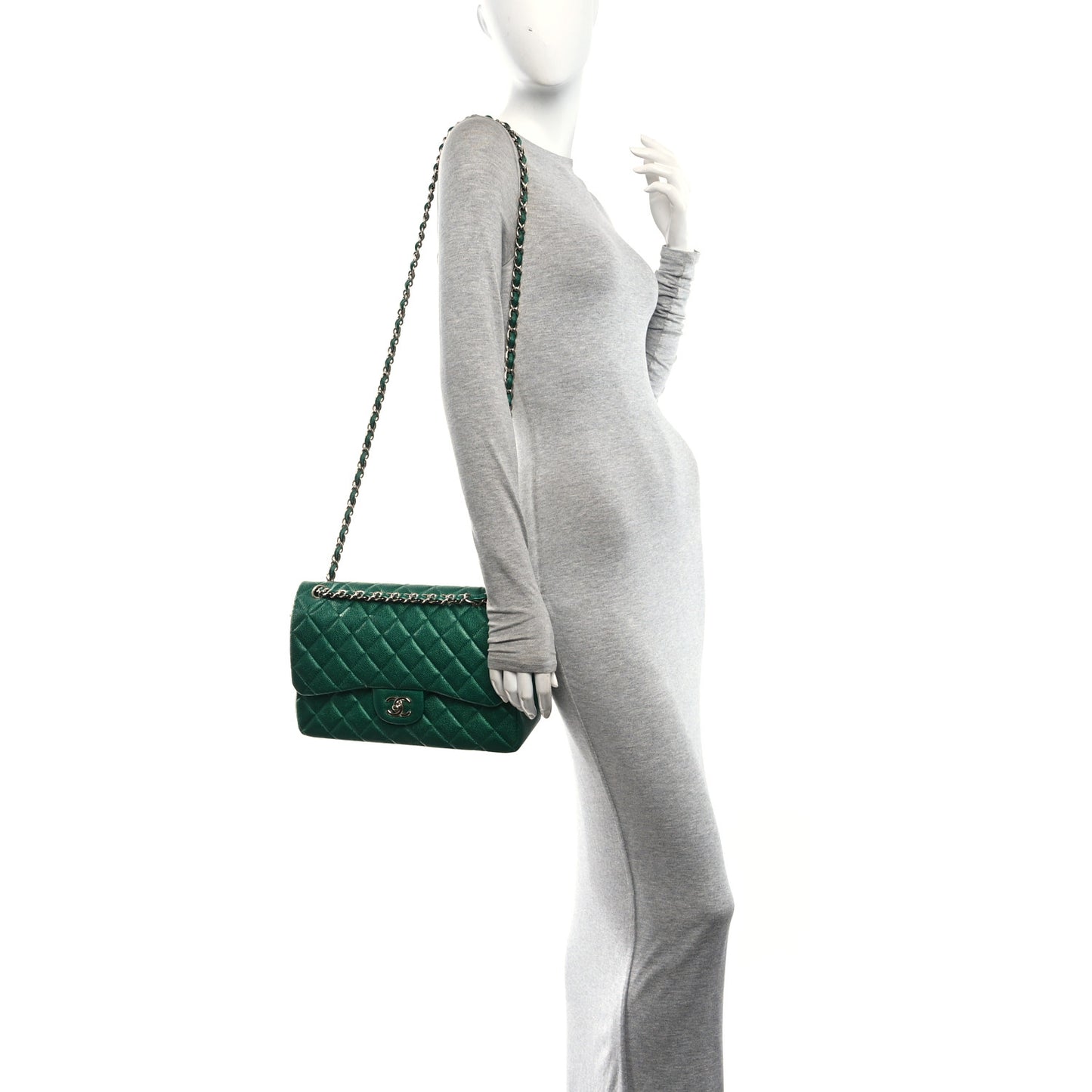 Metallic Caviar Quilted Jumbo Double Flap Green