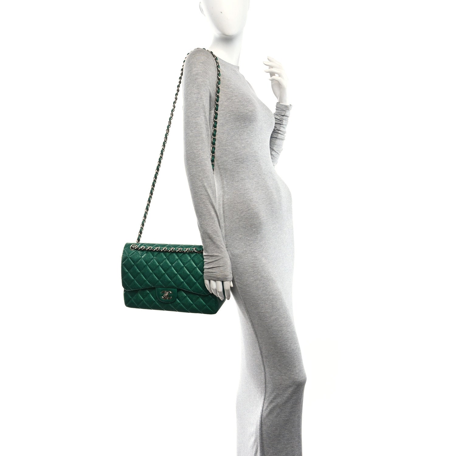 Chanel Metallic Caviar Quilted Jumbo Double Flap Green 2 of 10