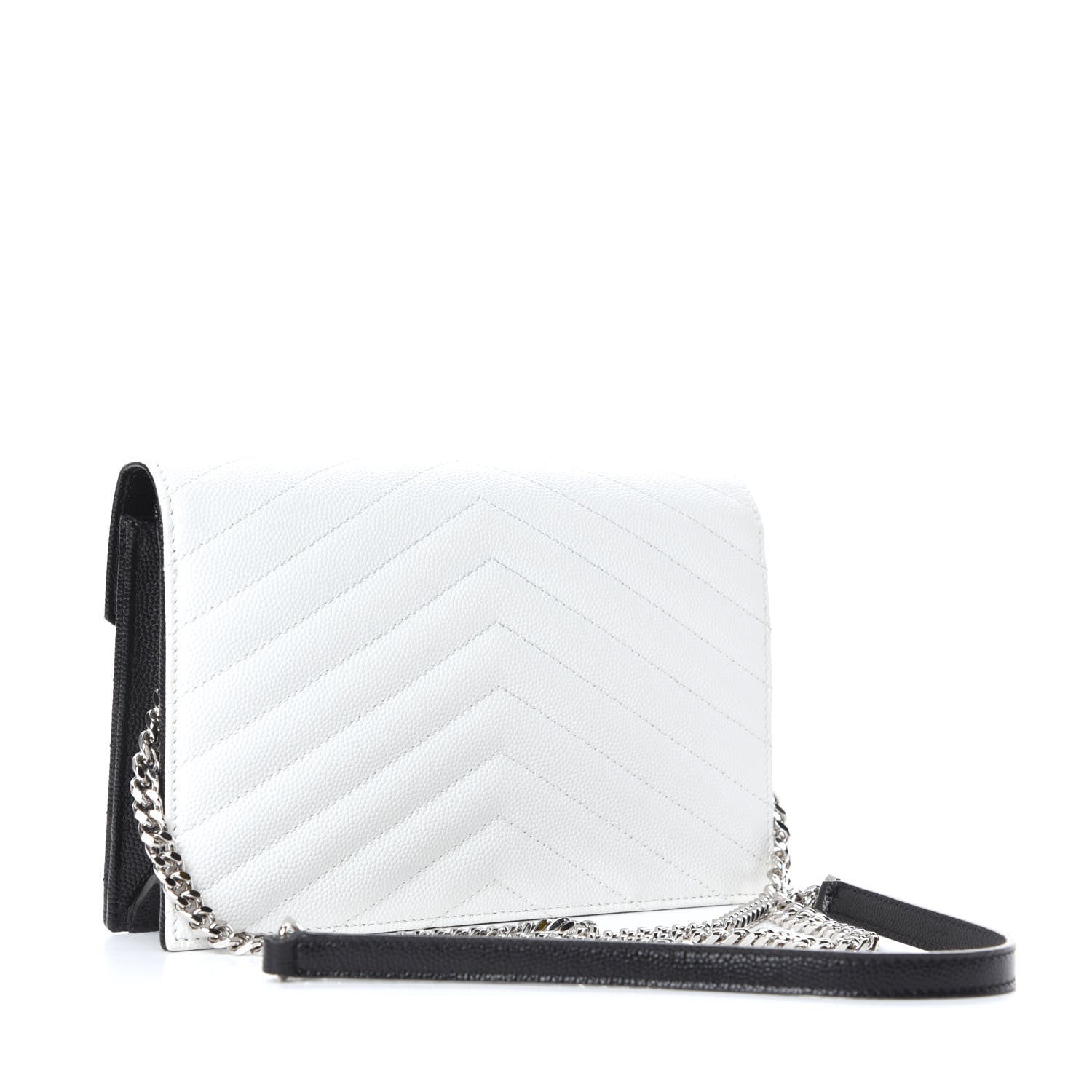 Saint Laurent Grain De Poudre Matelasse Chevron Monogram Envelope Chain Wallet Pearl White Black 3 of 8