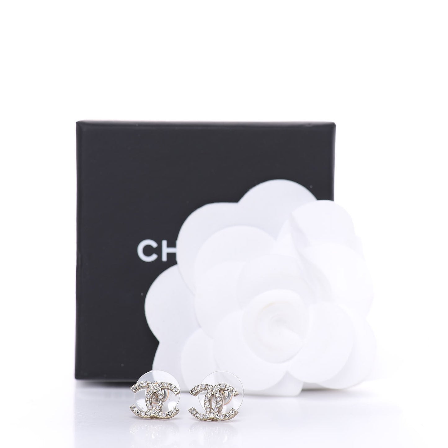 Pearl Crystal CC Charms Stud Earrings Light Gold