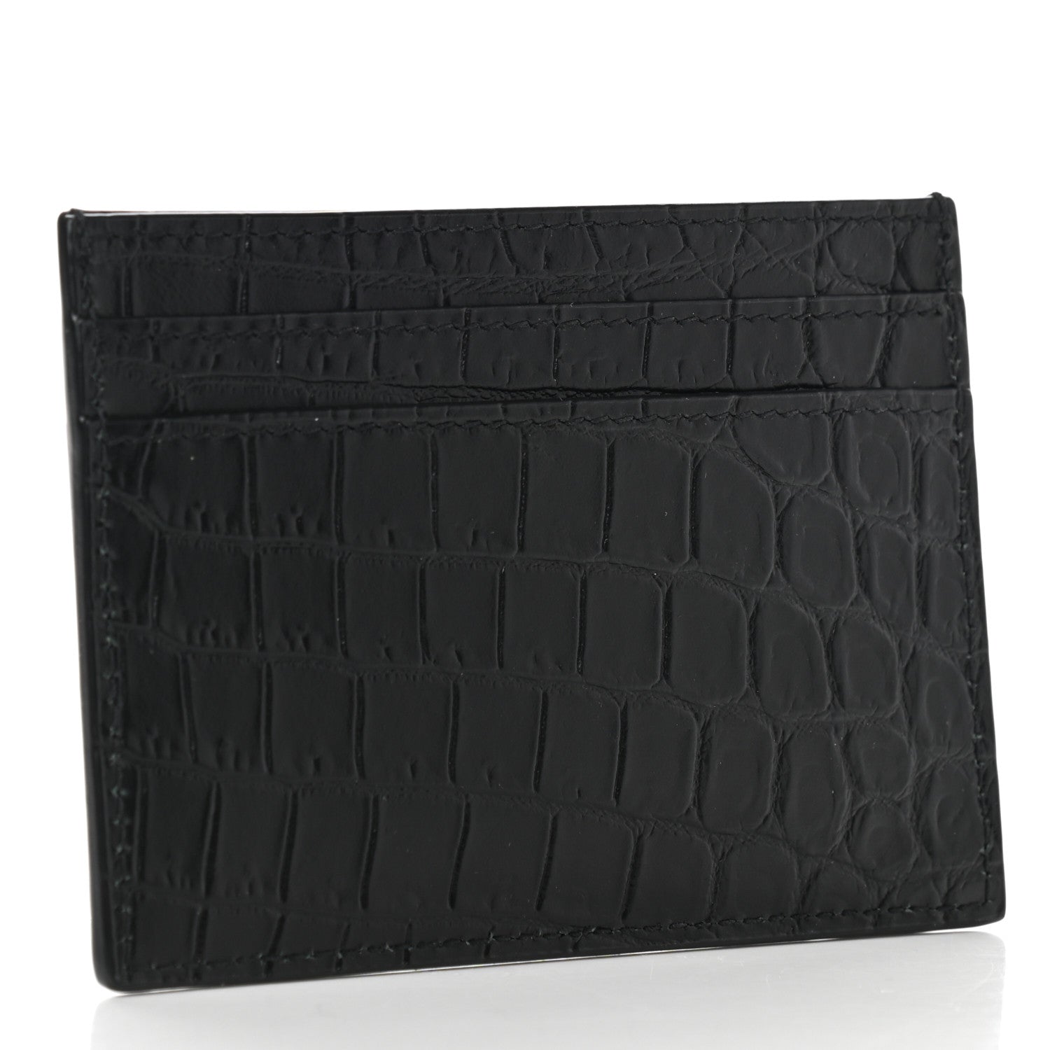 Saint Laurent Calfskin Crocodile Embossed Monogram Tiny Cassandra Credit Card Case Black 3 of 8