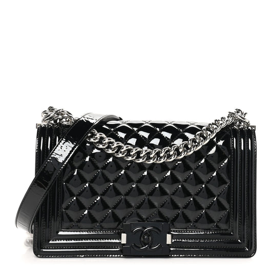 Patent Calfskin Quilted Medium Plexiglass Boy Flap Black