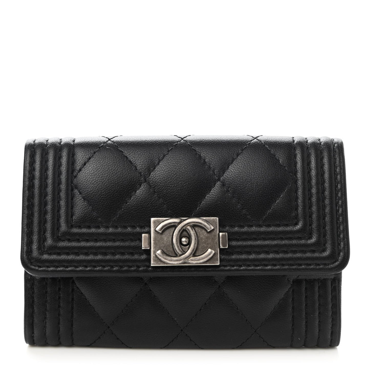 Lambskin Quilted Boy Flap Card Holder Black