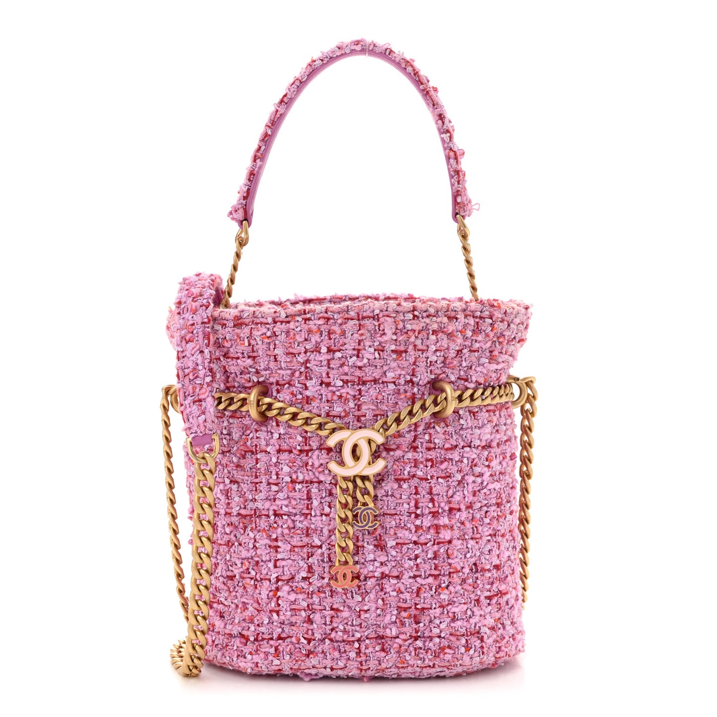 Tweed Enamel Quilted Pending CC Bucket Drawstring Bag Light Purple Pink Red