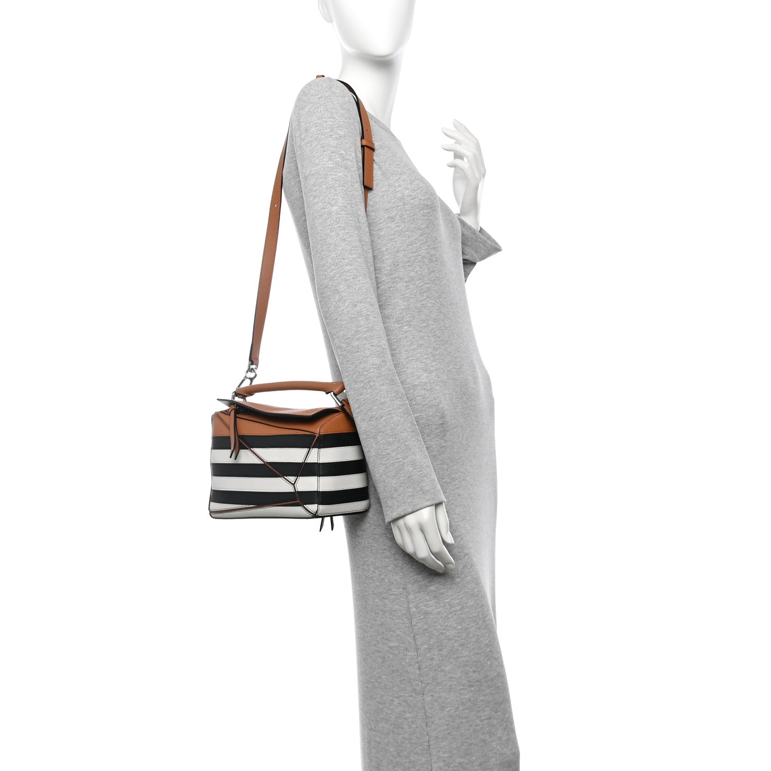 Loewe Calfskin Marine Stripe Small Puzzle Bag Tan Black White 2 of 10