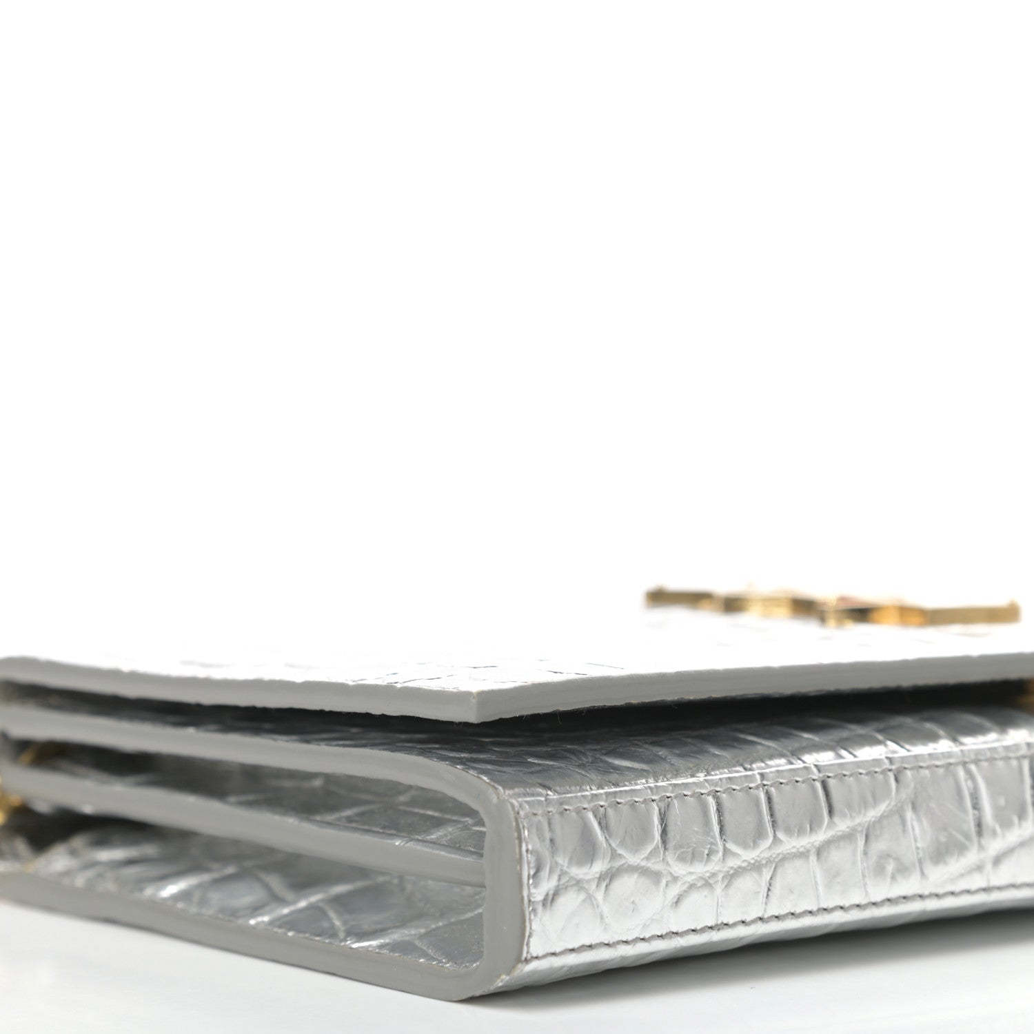 Saint Laurent Calfskin Crocodile Embossed Monogram Chain Wallet Argento 8 of 10