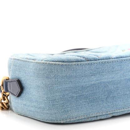 Gucci Denim Matelasse Embroidered Small GG Marmont Chain Shoulder Bag Blue 9 of 14