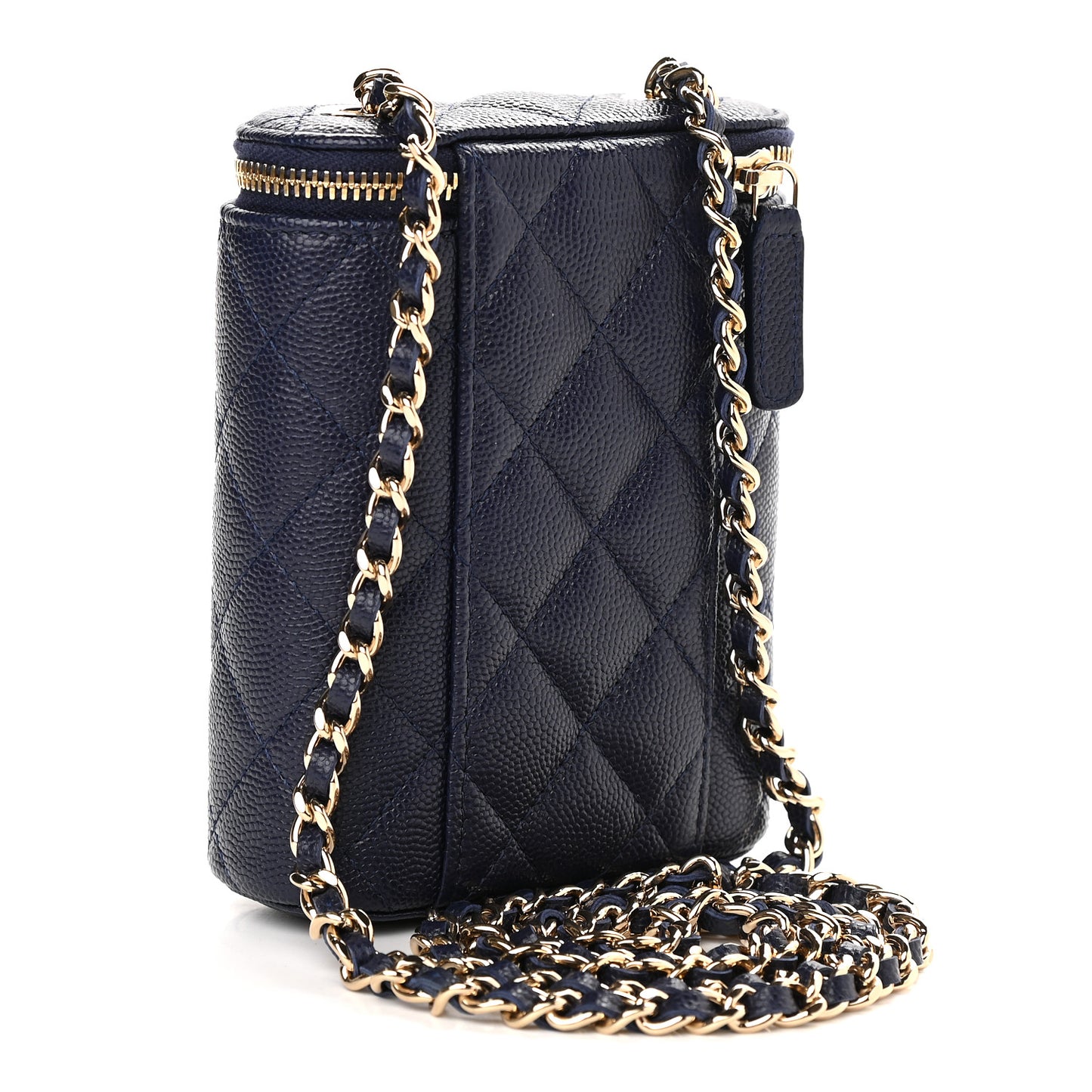 Caviar Quilted Small Vertical Coco Beauty Vanity Case With Chain Navy