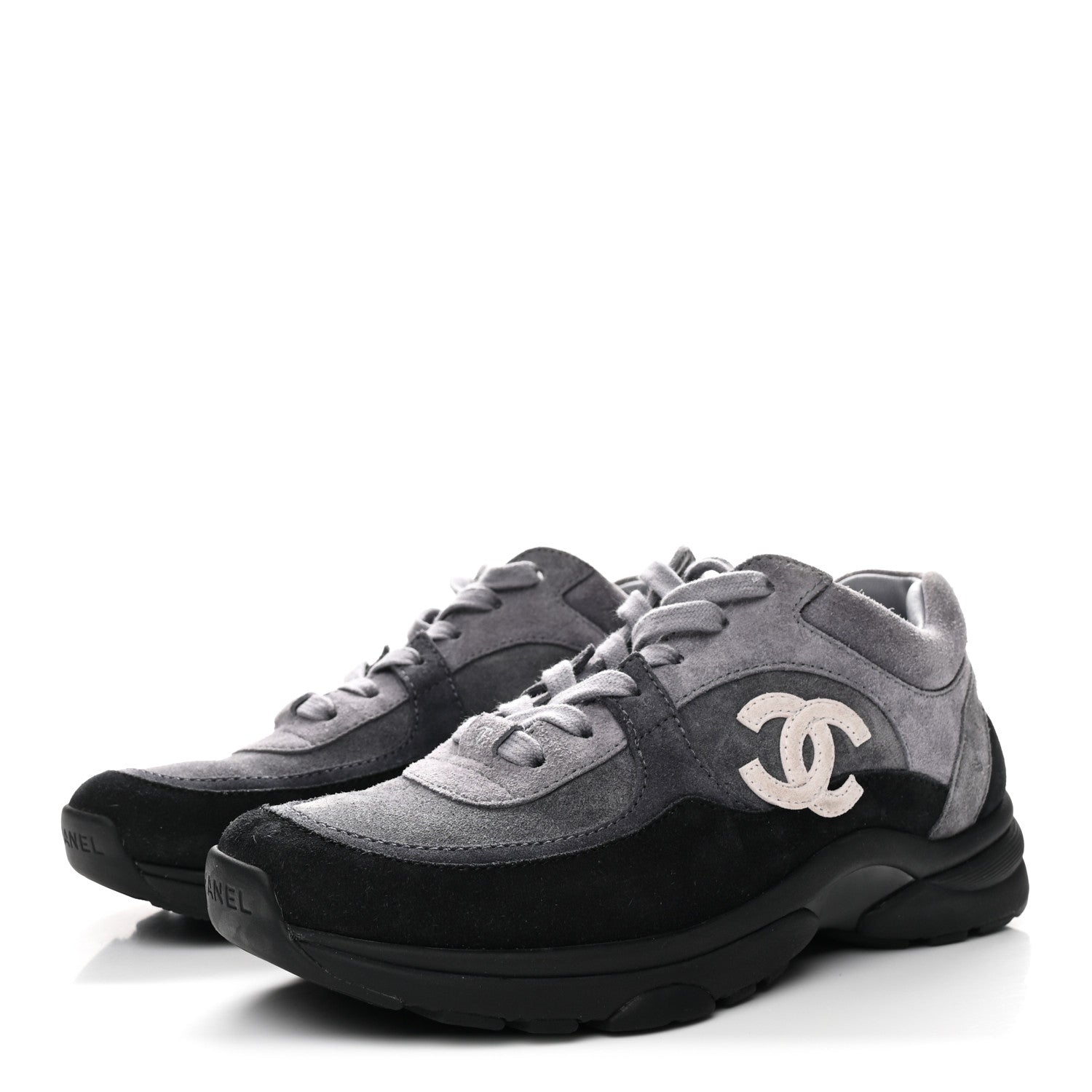 Chanel Suede Calfskin CC Sneakers 36.5 Black Grey 4 of 9