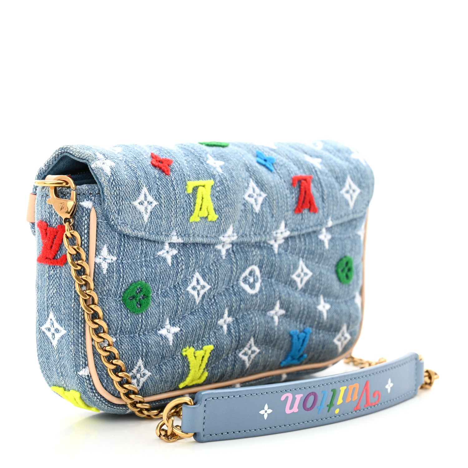 Louis Vuitton Embroidered Monogram Denim New Wave Chain Pochette Blue 3 of 11