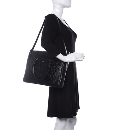 Saint Laurent Calfskin Crocodile Embossed Duffle Briefcase Black 2 of 10