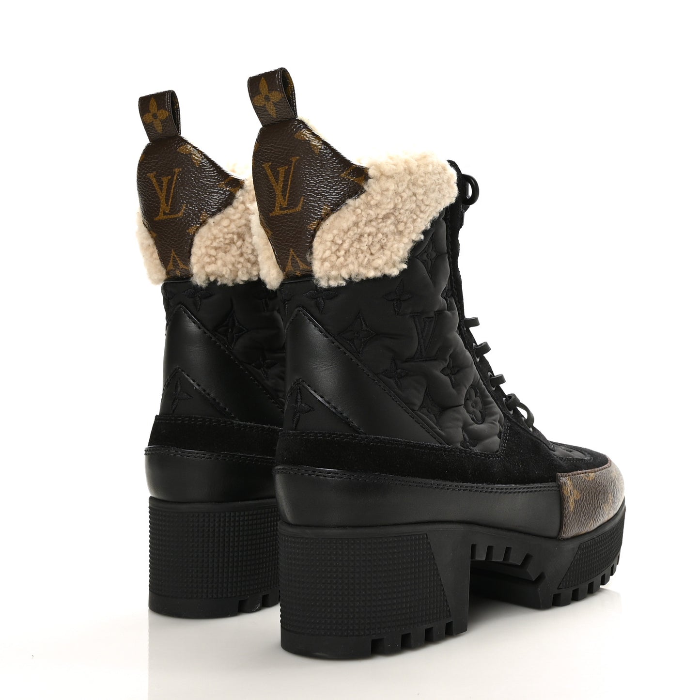 Nylon Suede Calfskin Shearling Monogram Laureate Platform Boots 37 Black