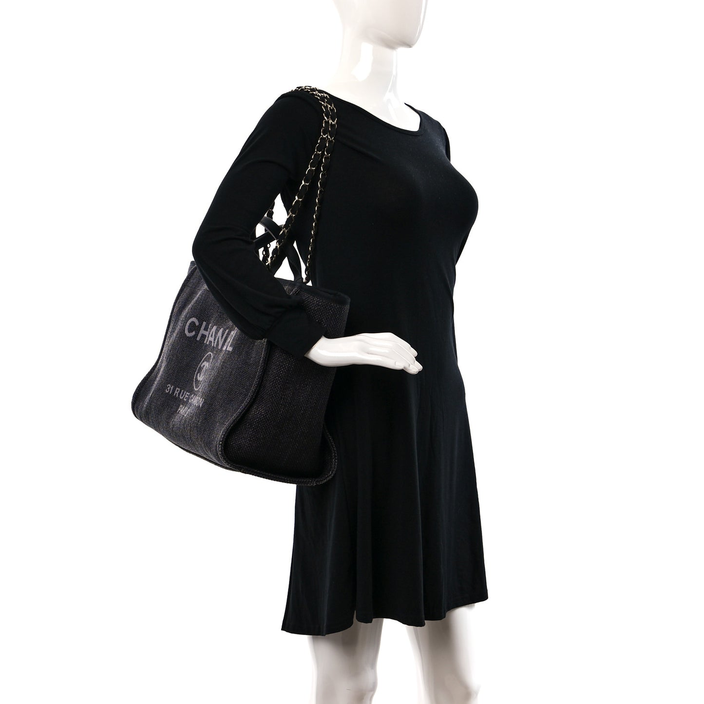 Woven Straw Raffia Medium Deauville Tote Black