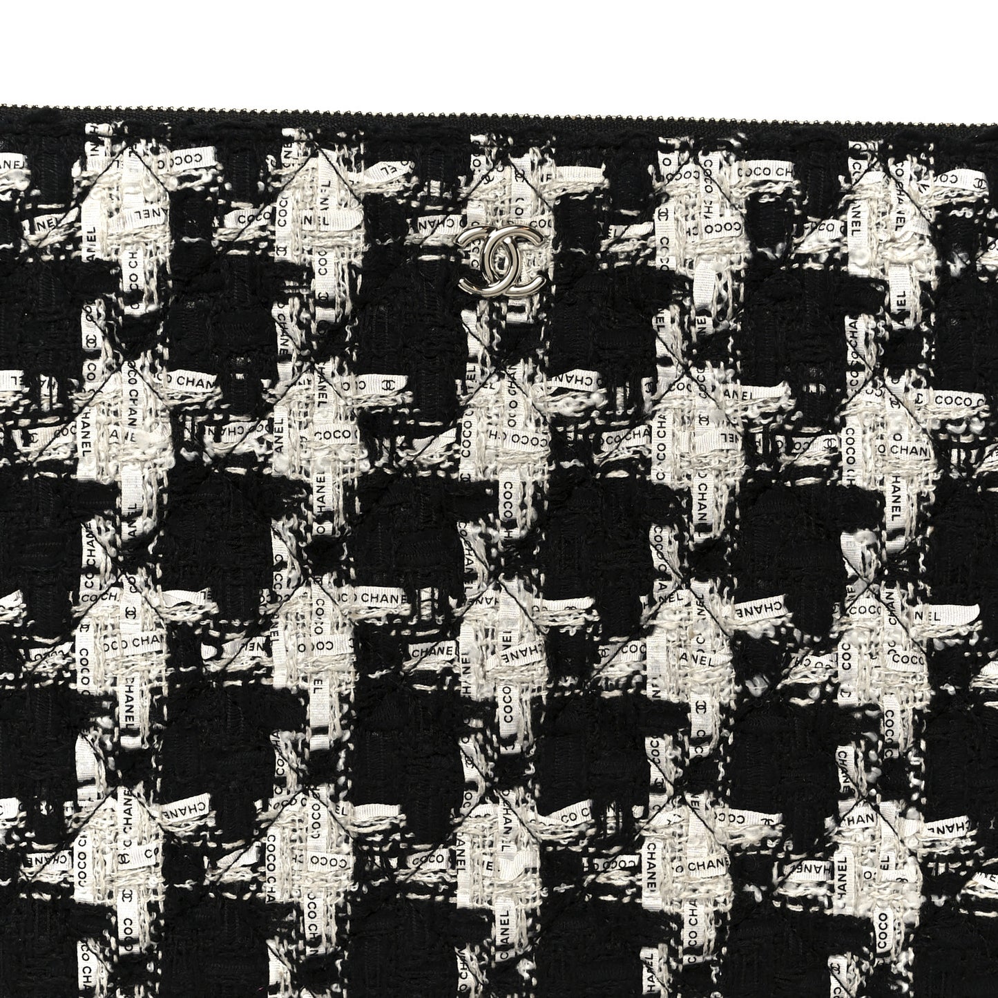 Tweed Quilted Medium Cosmetic Pouch Black Ecru White