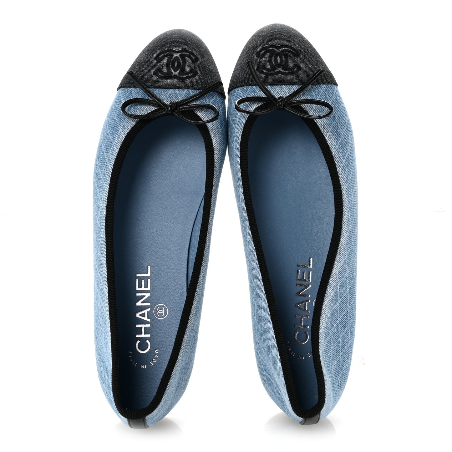 Denim Printed Quilt CC Cap Toe Ballerina Flats 39 Light Blue Dark Grey