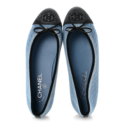 Chanel Denim Printed Quilt CC Cap Toe Ballerina Flats 39 Light Blue Dark Grey 2 of 9