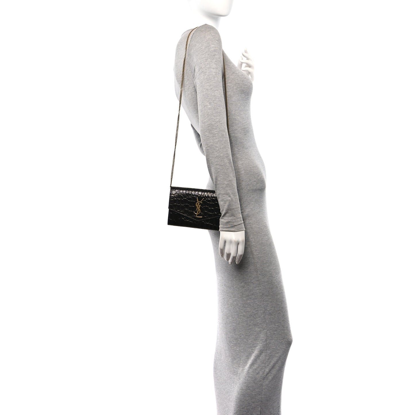 Calfskin Crocodile Embossed Monogram Uptown Chain Wallet Fondente