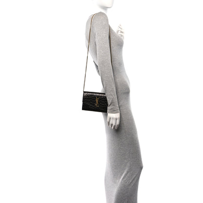 Saint Laurent Calfskin Crocodile Embossed Monogram Uptown Chain Wallet Fondente 2 of 11