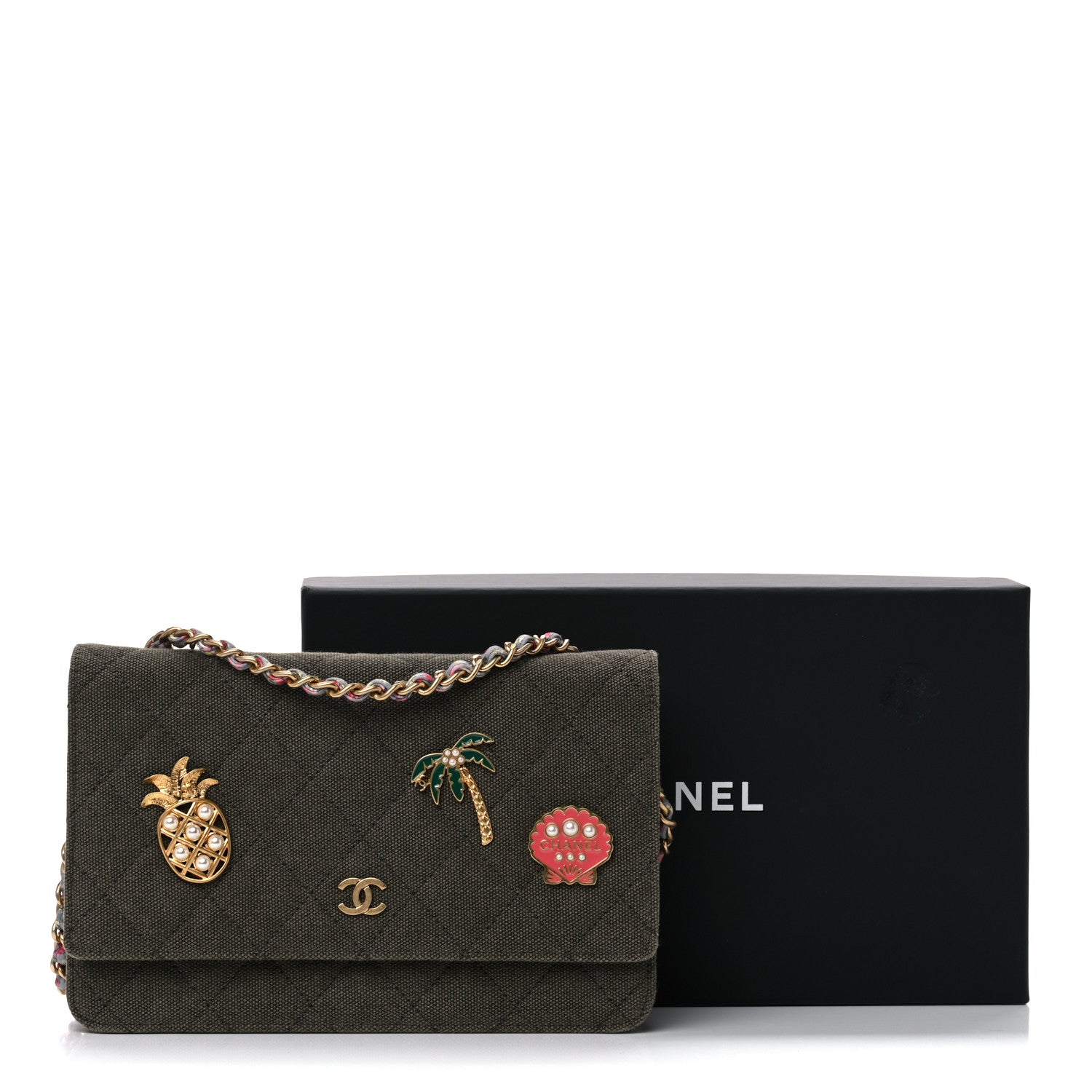 Chanel Canvas Quilted Coco Cuba Charms Wallet On Chain WOC Khaki 13 of 13
