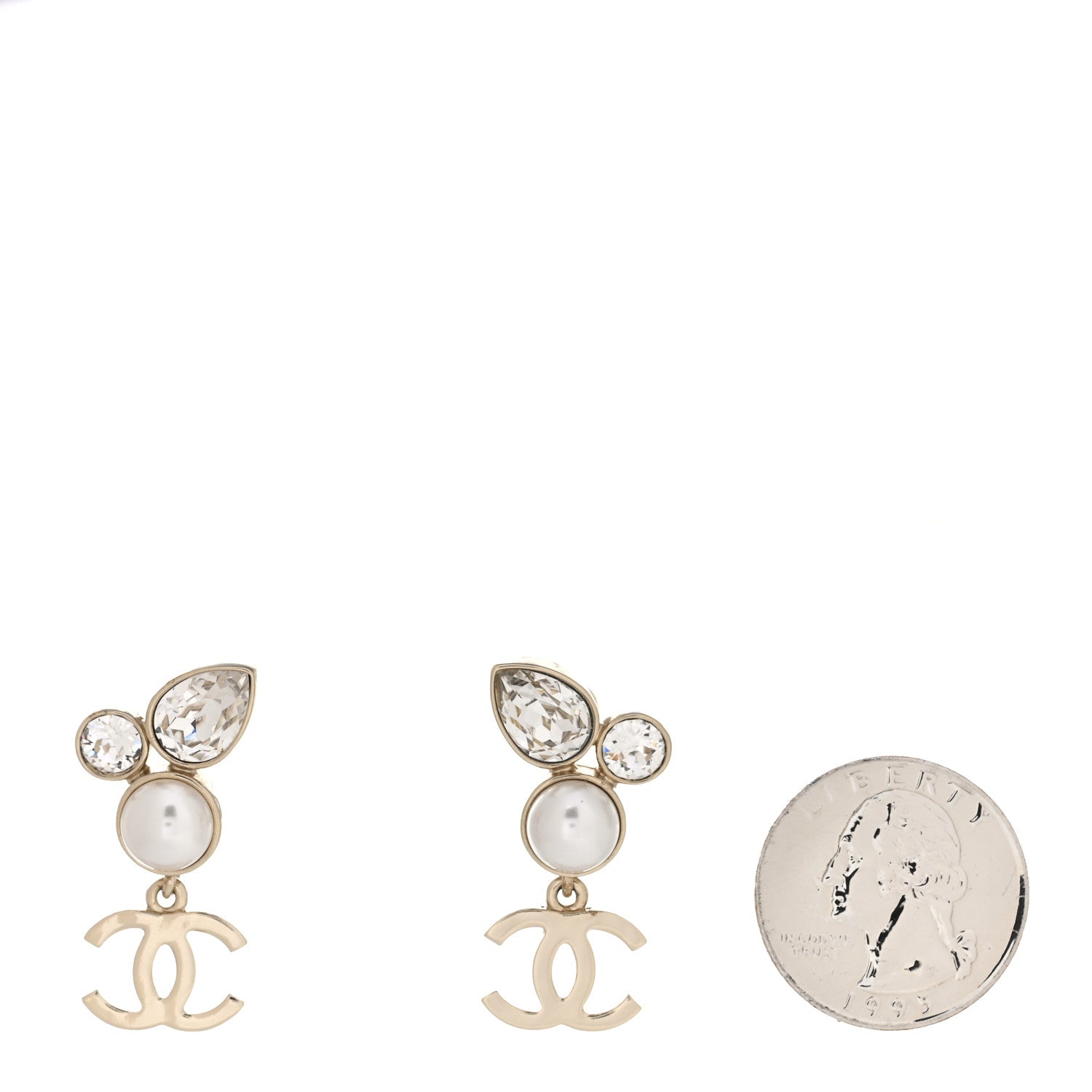 Chanel Pearl Crystal CC Drop Earrings Gold 2 of 4