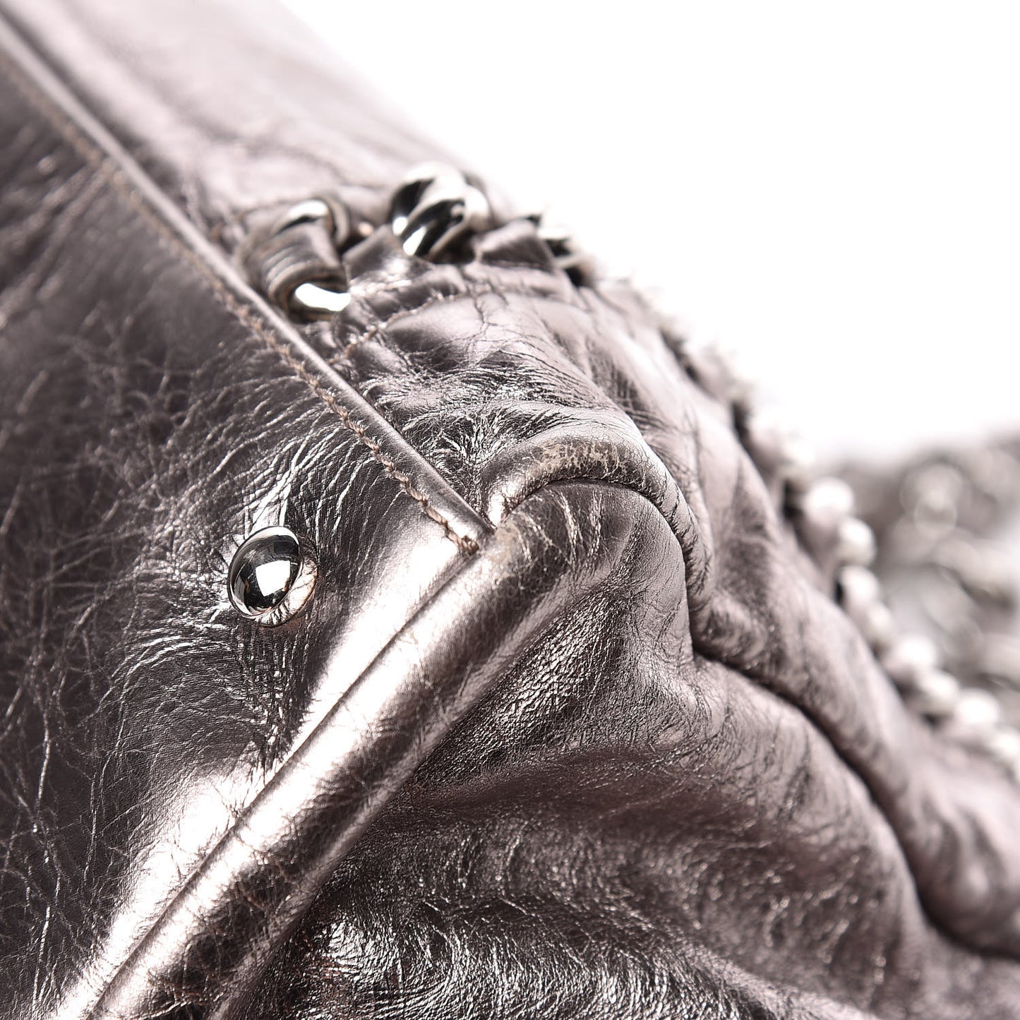 Metallic Cracked Calfskin Modern Chain Tote Dark Silver