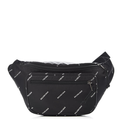 Balenciaga Twill Nylon Allover Logo Explorer Beltpack Black White 1 of 9