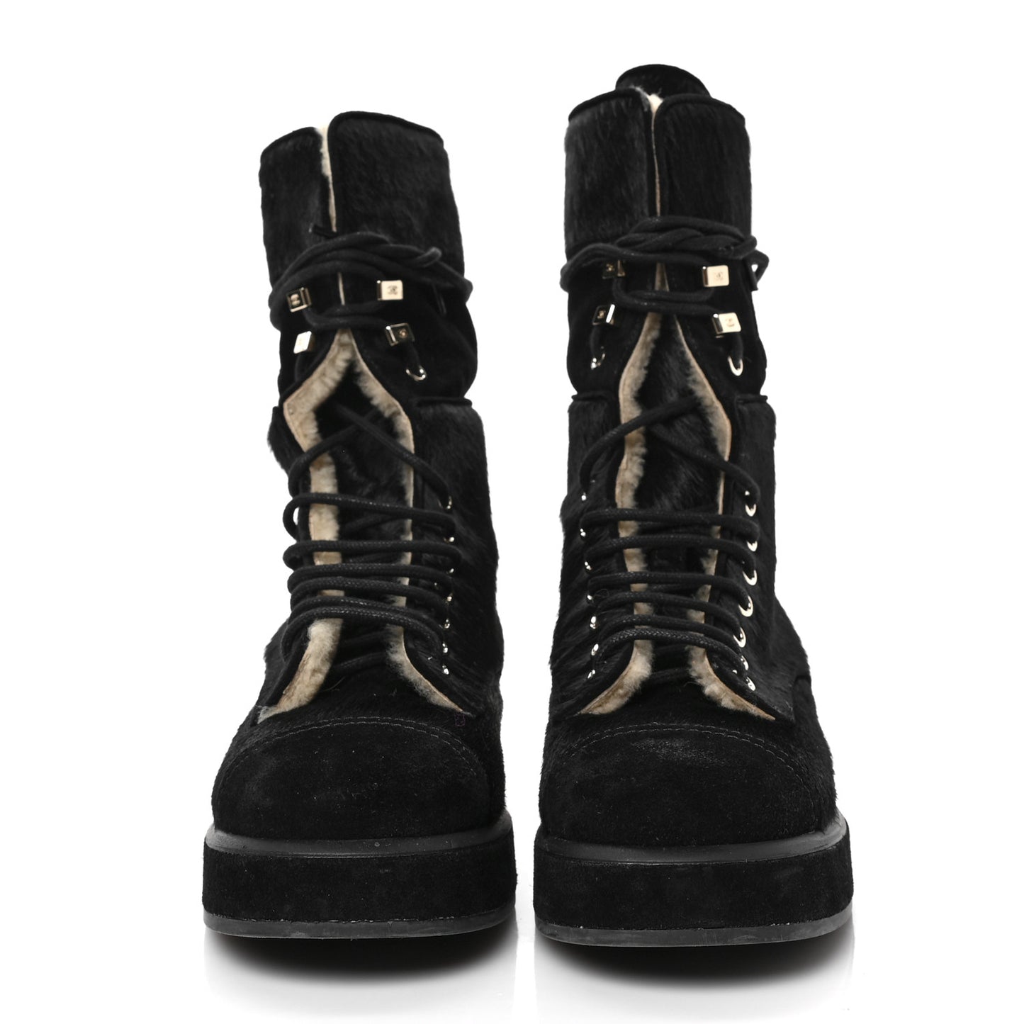 Suede Pony Hair Shearling Lace Up Combat Boots 38.5 Black White