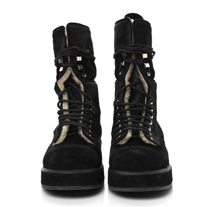 Chanel Suede Pony Hair Shearling Lace Up Combat Boots 38.5 Black White 2 of 6