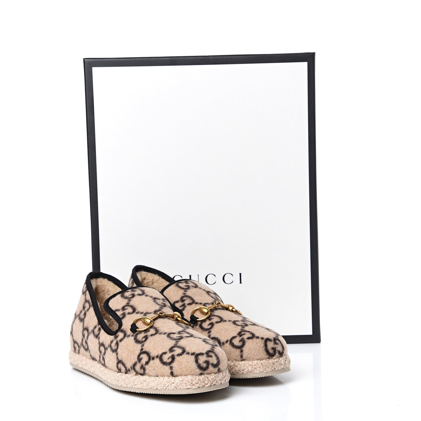 Covered Wool GG Monogram Mens Fria Horsebit Loafers 5 Beige Ebony Black Butterscotch