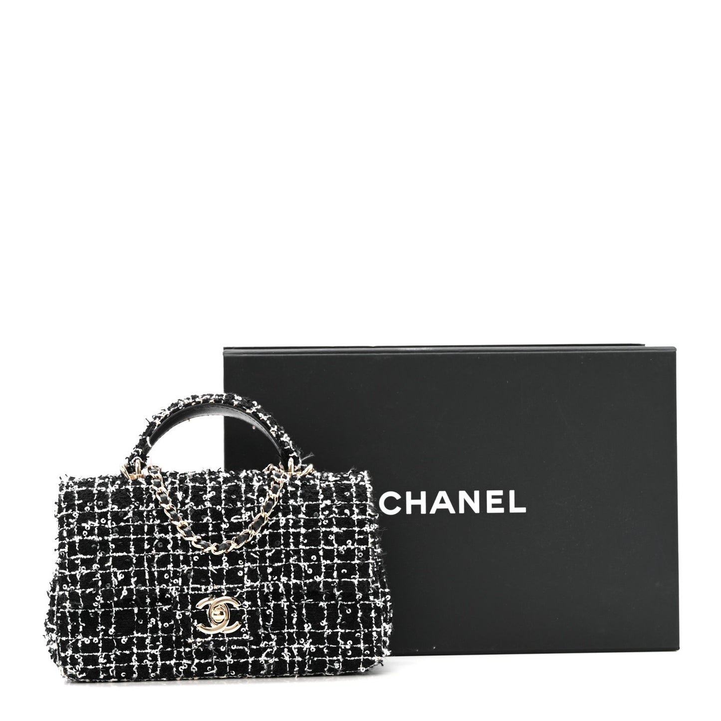 Tweed Quilted Mini Top Handle Rectangular Flap Black White