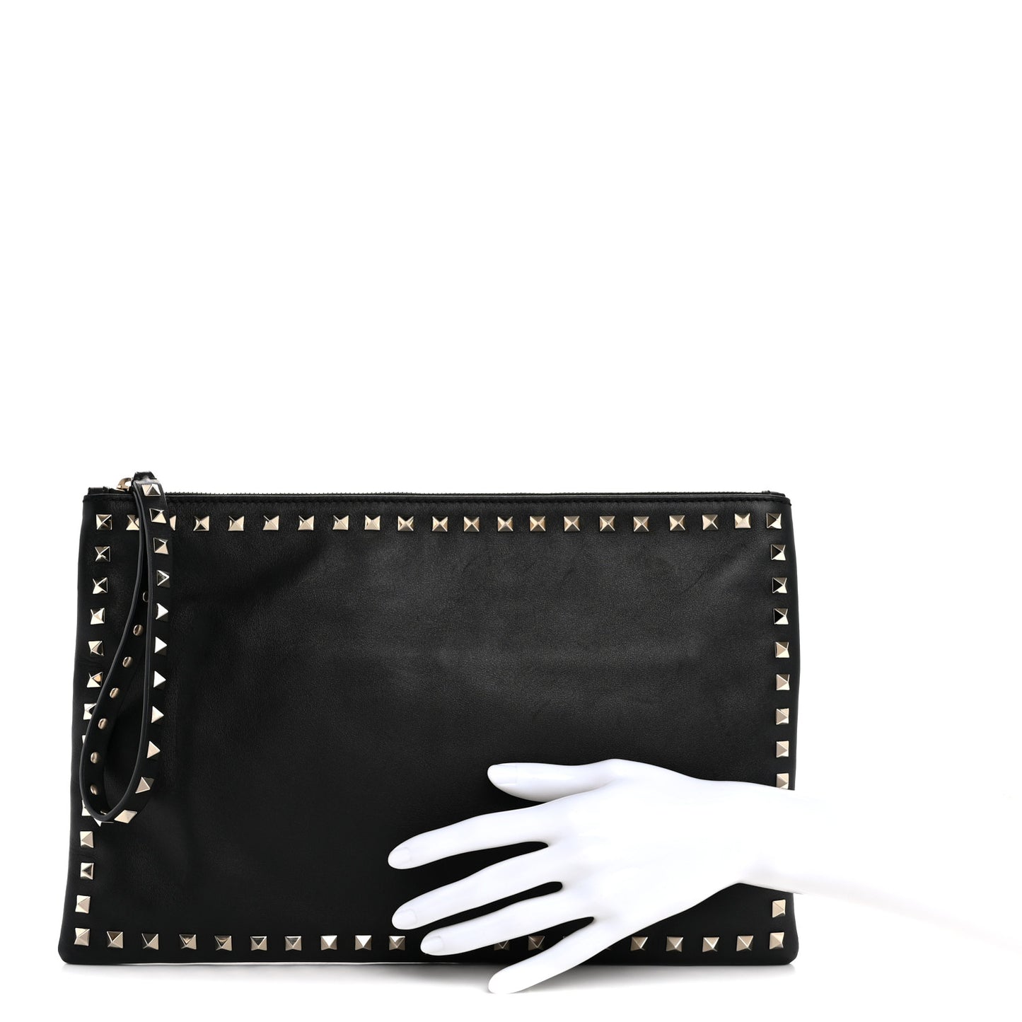 Vitello Large Rockstud Zip Wristlet Pouch Black