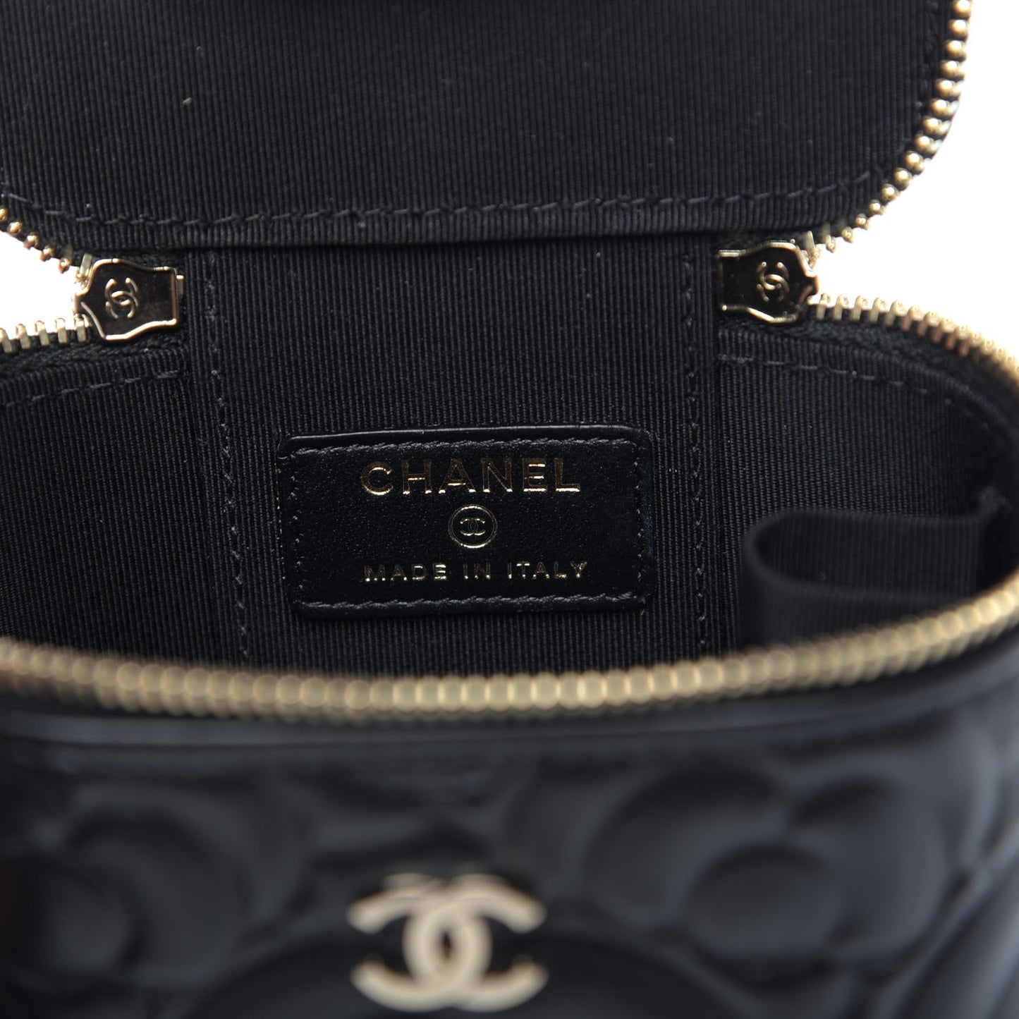 Lambskin Camellia Embossed Mini Vanity Case With Chain Black