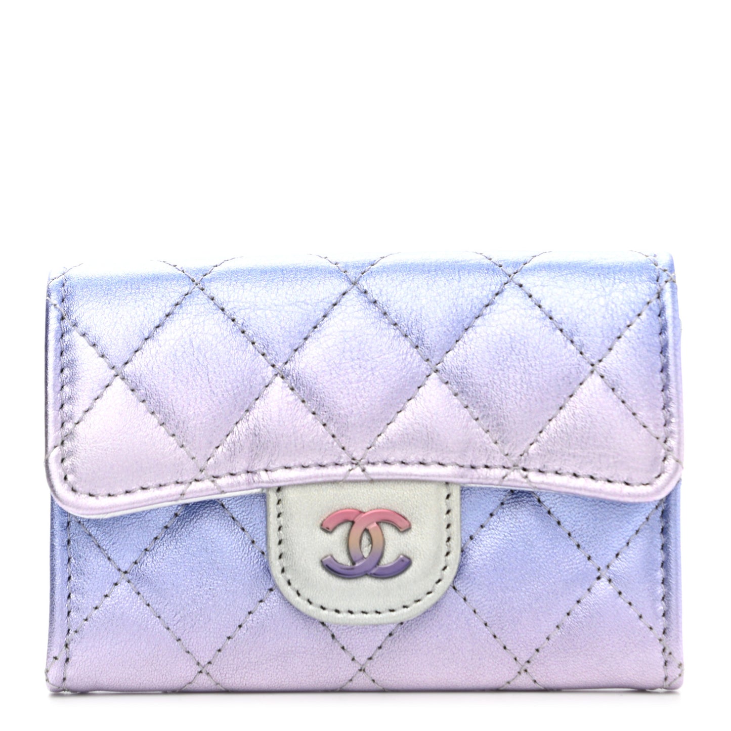 Gradient Metallic Calfskin Quilted Flap Card Holder Wallet Silver Blue Yellow Purple
