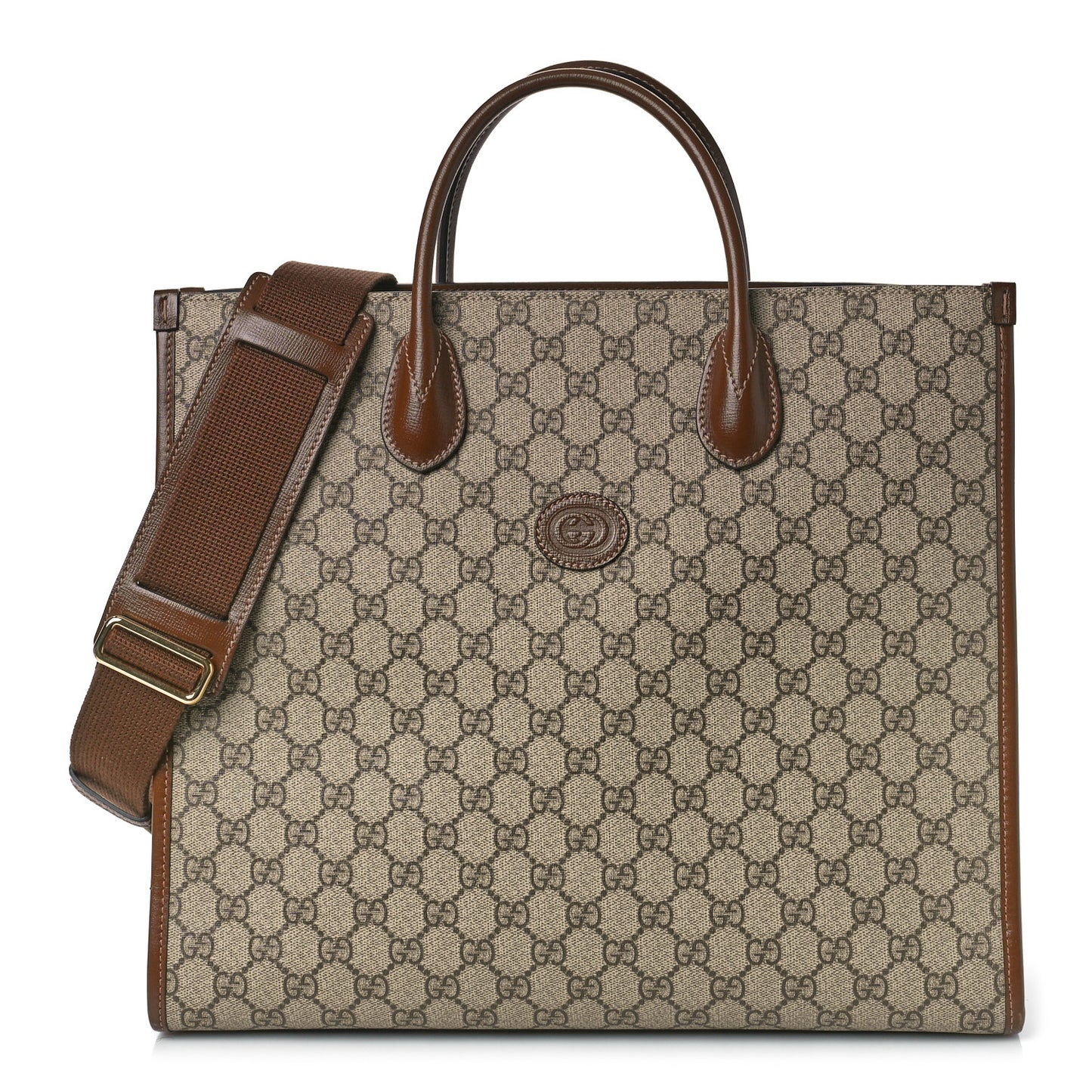 GG Supreme Monogram Azalea Calfskin Medium Retro Interlocking G Tote Bag Beige Ebony Brown Sugar