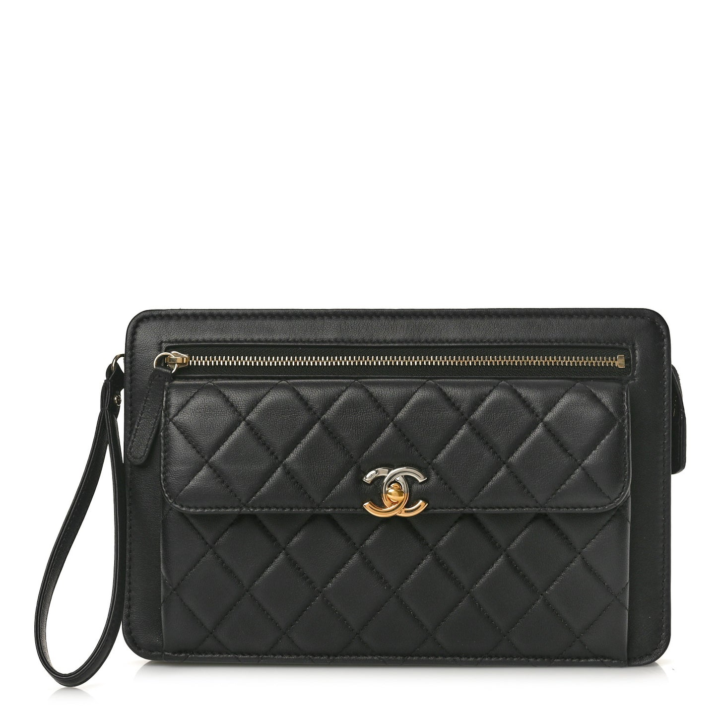 Lambskin Quilted Wristlet Clutch Black