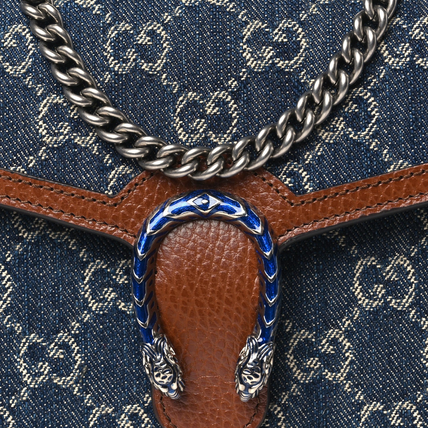 New Denim GG Monogram Dollar Calfskin Enamel Mini Dionysus Chain Wallet Blue Tea Cuir Epilog Electric Blue