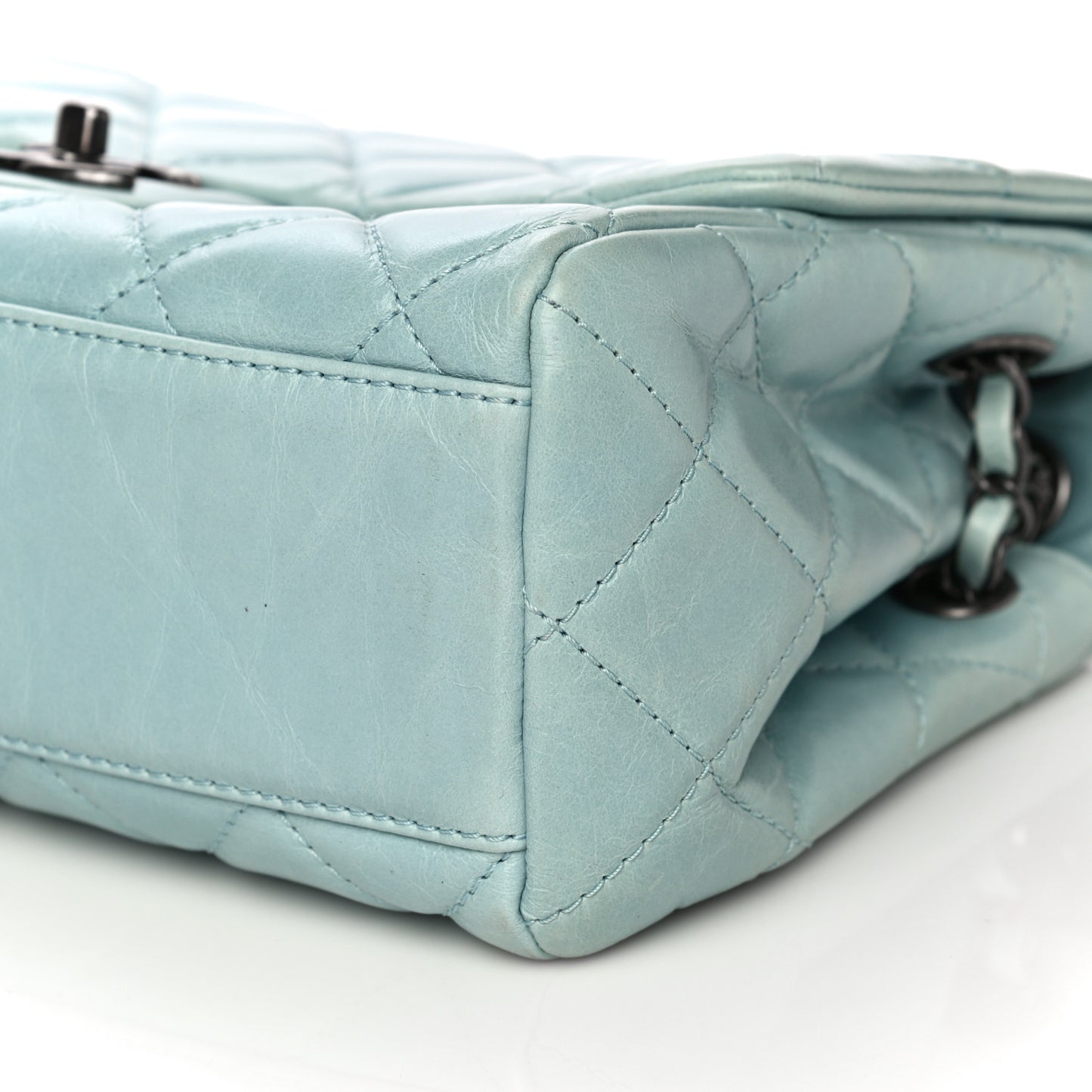 Glazed Calfskin Quilted Large Coco Soft Flap Light Blue