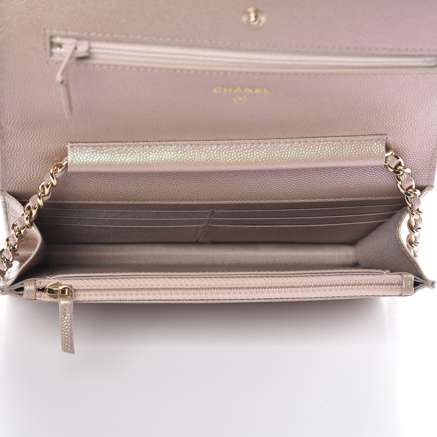 Iridescent Caviar Quilted Wallet On Chain WOC Beige