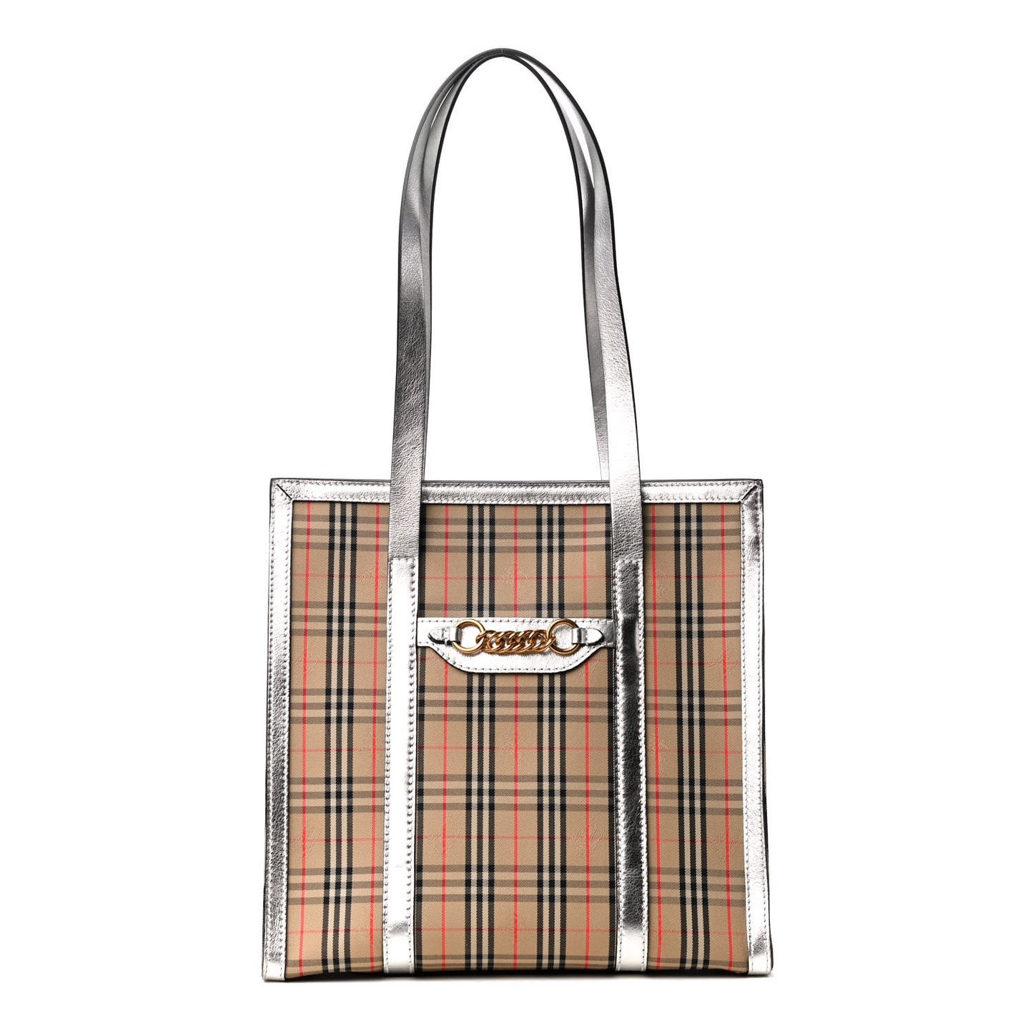 Metallic Calfskin Medium 1983 Knight Check Link Tote Silver