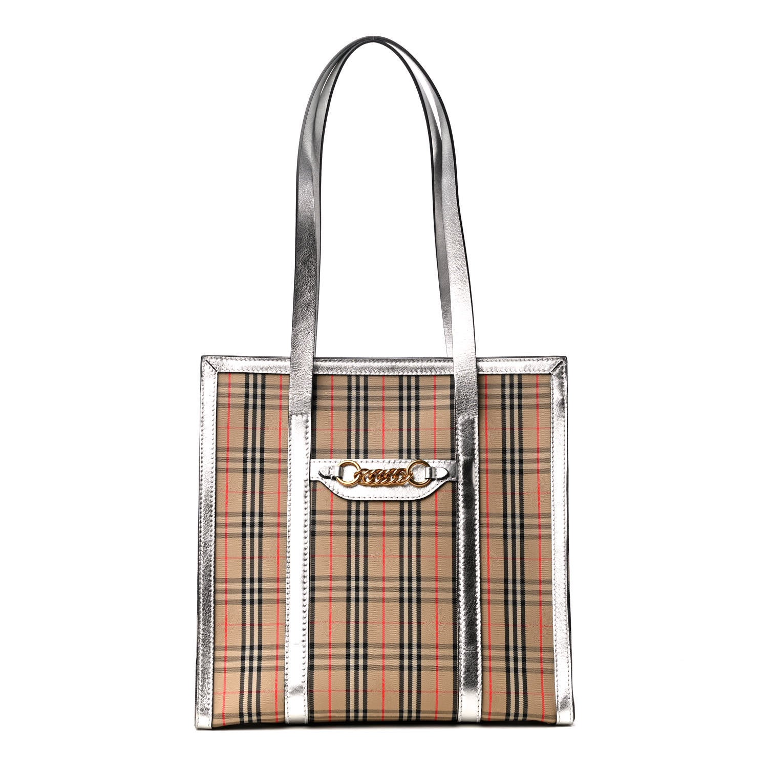 Burberry Metallic Calfskin Medium 1983 Knight Check Link Tote Silver 1 of 4