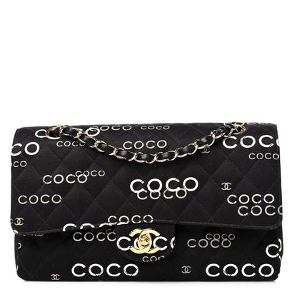 Chanel Canvas Coco Printed Quilted Medium Double Flap Black White 1 of 13