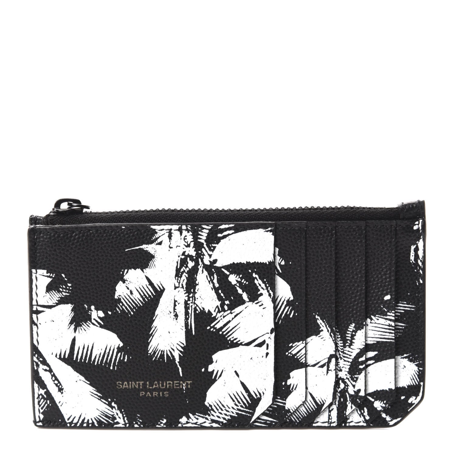 Saint Laurent Grain de Poudre Palm Tree 5 Fragments Zip Pouch Card Holder Black 1 of 7
